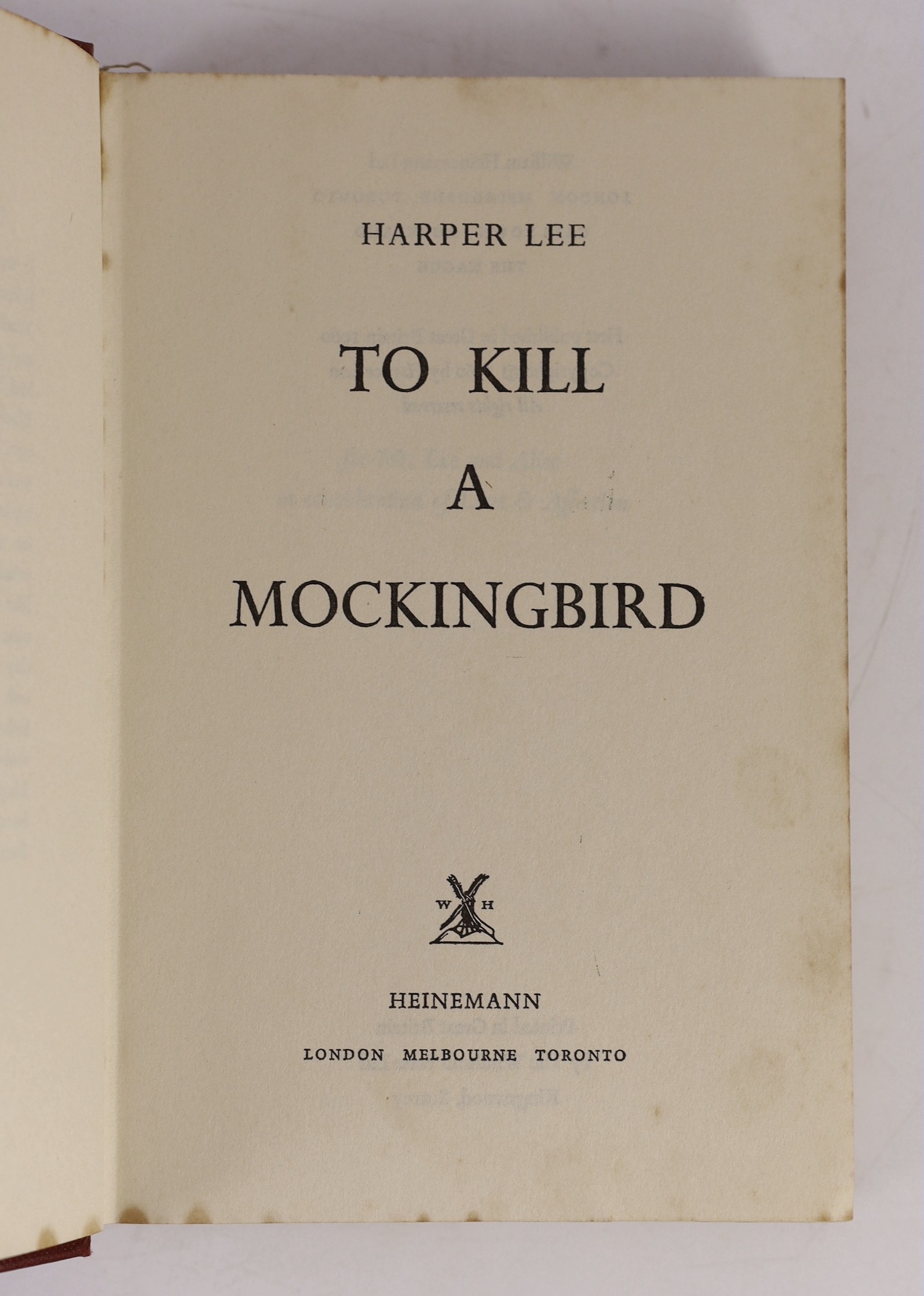 Lee, Harper - To Kill a Mockingbird, 1st English edition, 8vo, cloth in clipped d/j, ownership inscription to front fly leaf, William Heinemann, London, 1960